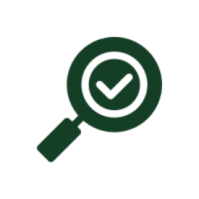 Dark green magnifying glass icon with a check mark inside.