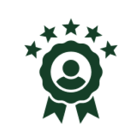 Icon of a person within a ribbon badge, surrounded by five stars.