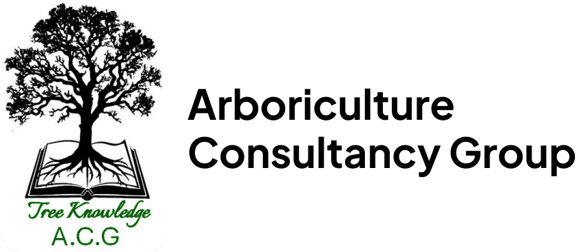 Logo of Arboriculture Consultancy Group with a tree growing from an open book labeled "Tree Knowledge A.C.G." on the left and company name on the right.